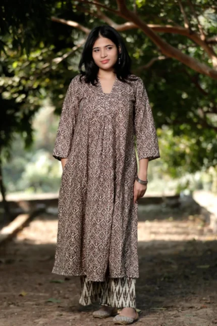 Muddy Taupe - Cotton Long coordinated Kurti Pant set