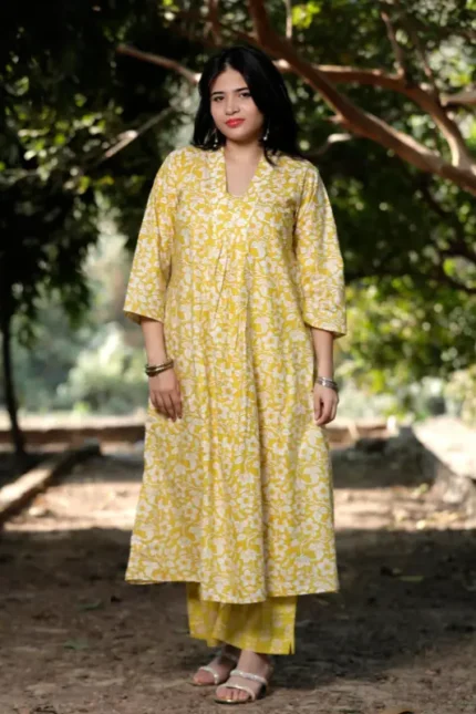 Pale Mimosa - Cotton Long coordinated Kurti Pant set