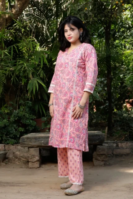Peach Fuzz - Cotton Kantha coordinated Kurti Pant