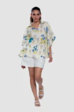 Aravali Blue Meadow Kaftan-Style Collared Top